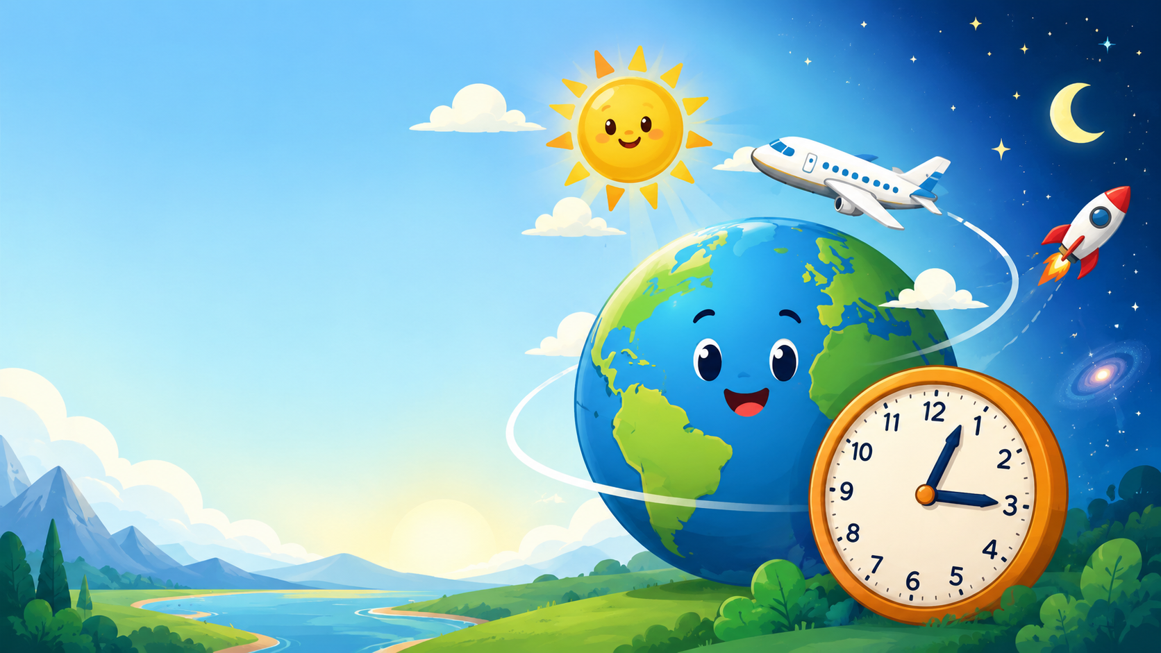 Terra sorridente con orologio, Sole, aereo e razzo all'inizio di un viaggio nel tempo.