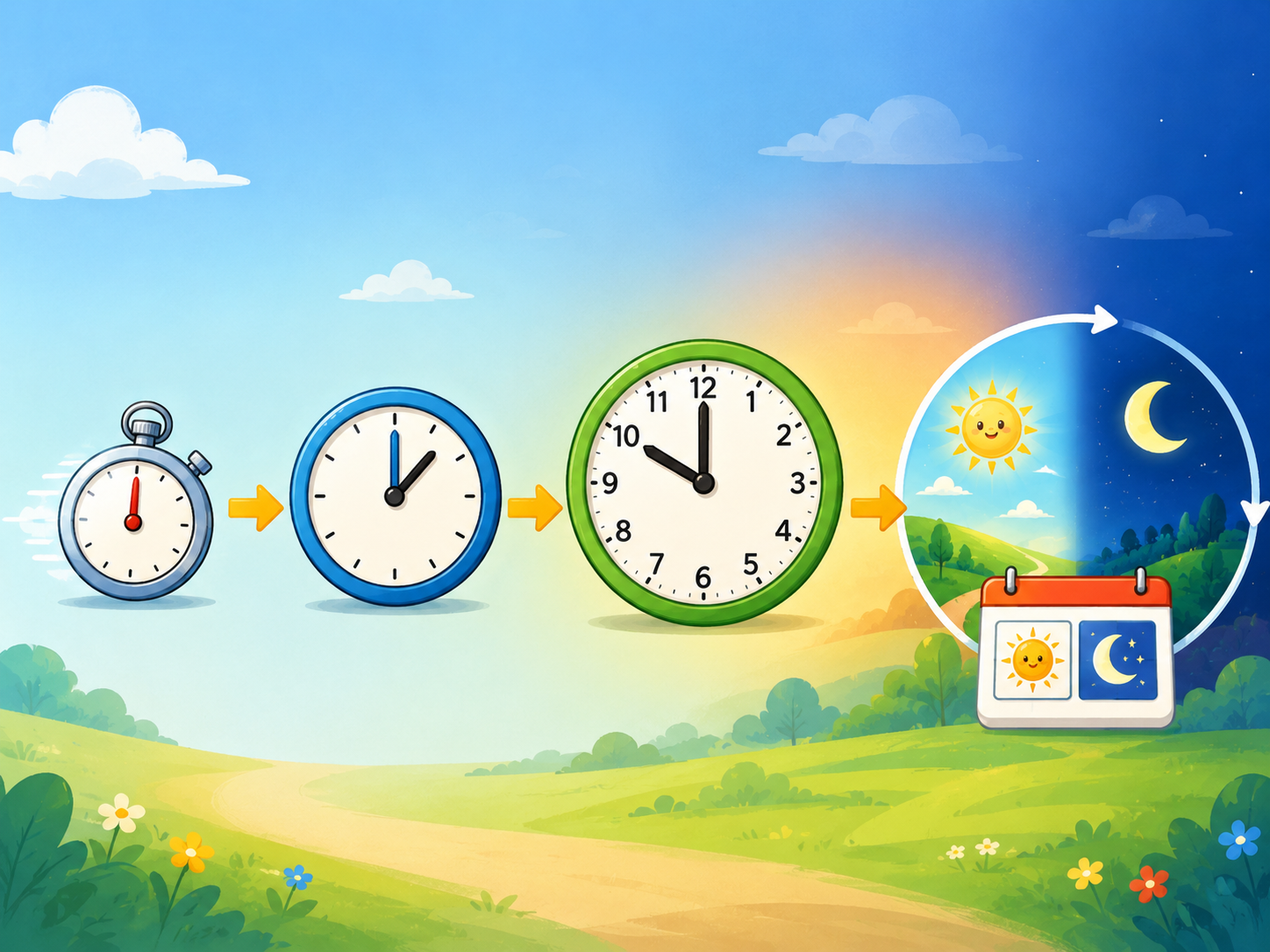 Orologi e simboli mostrano come piccole unità di tempo formano una giornata intera.