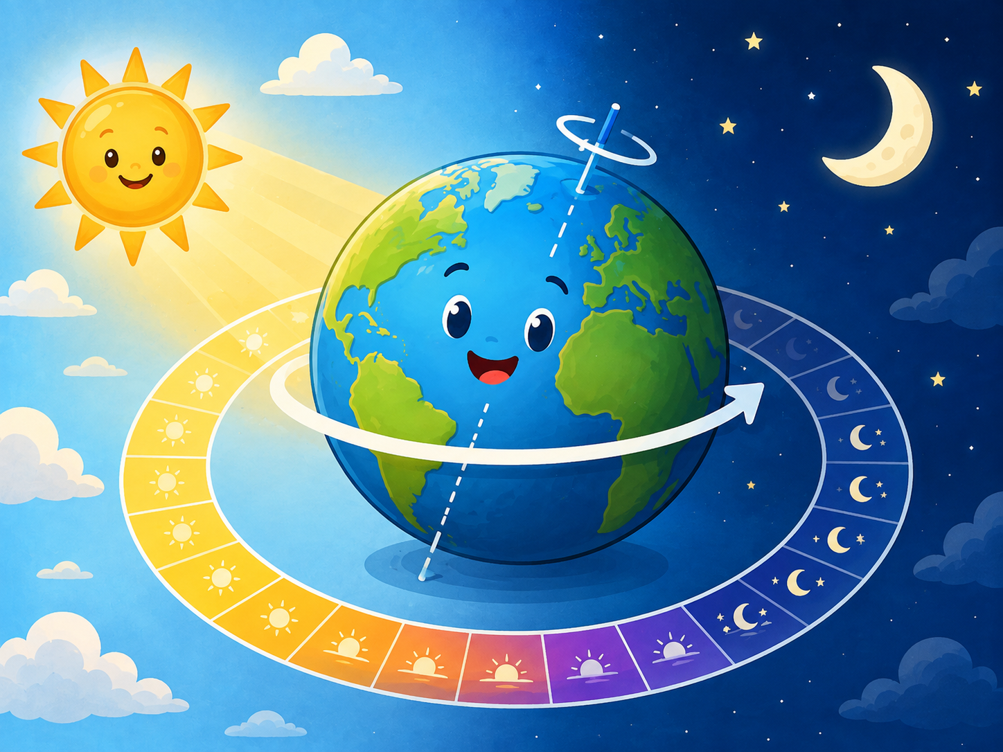 Terra con freccia che mostra la rotazione e il ritmo di giorno e notte.