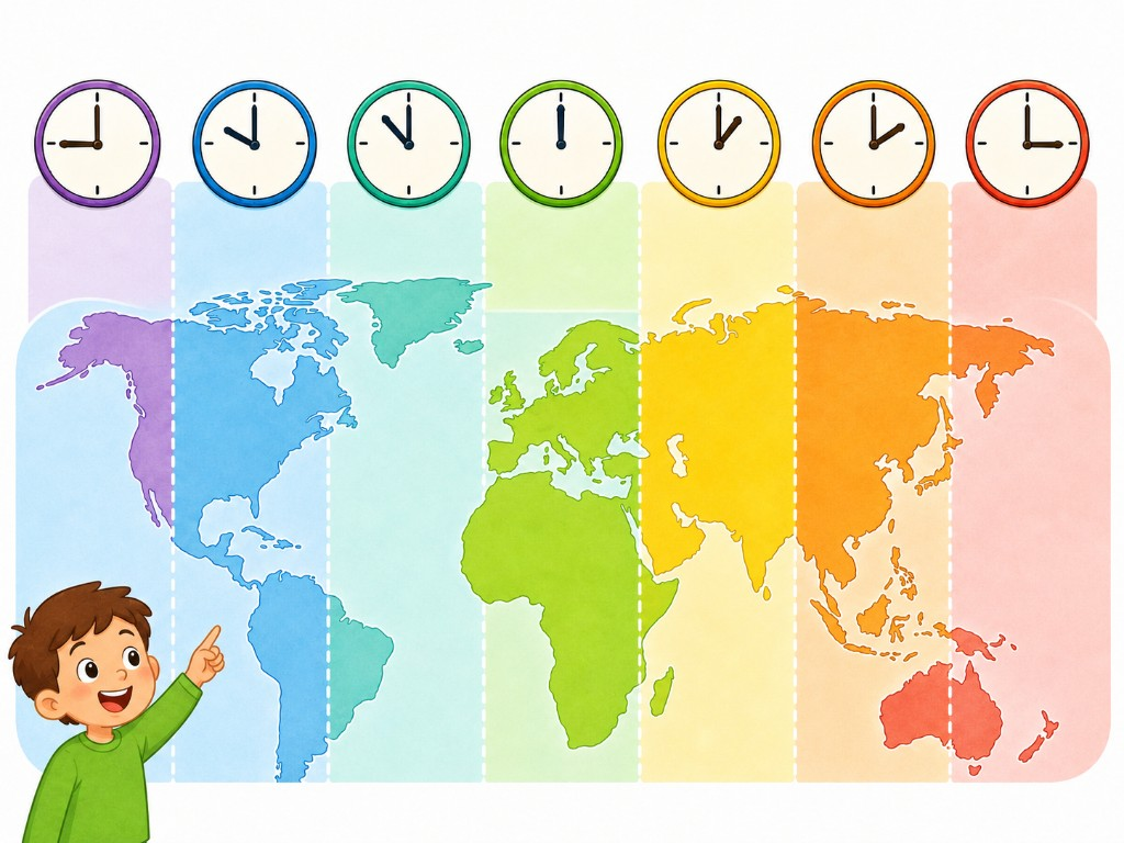 Mappa del mondo con fusi orari e sette orologi dalle 09:00 alle 15:00 attorno a UTC 12:00.