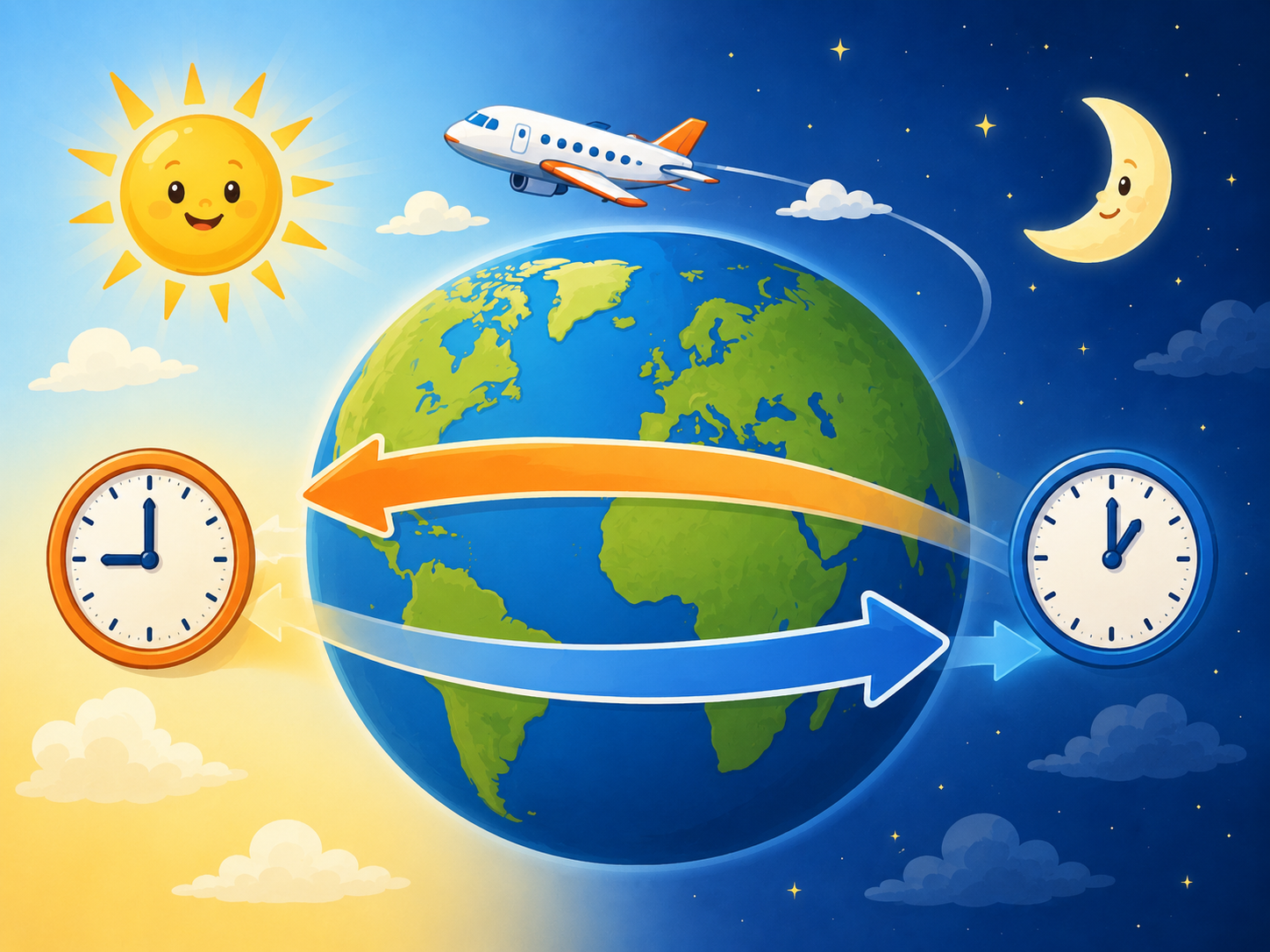Aereo e frecce intorno alla Terra mostrano viaggi verso ovest e verso est con orari diversi.