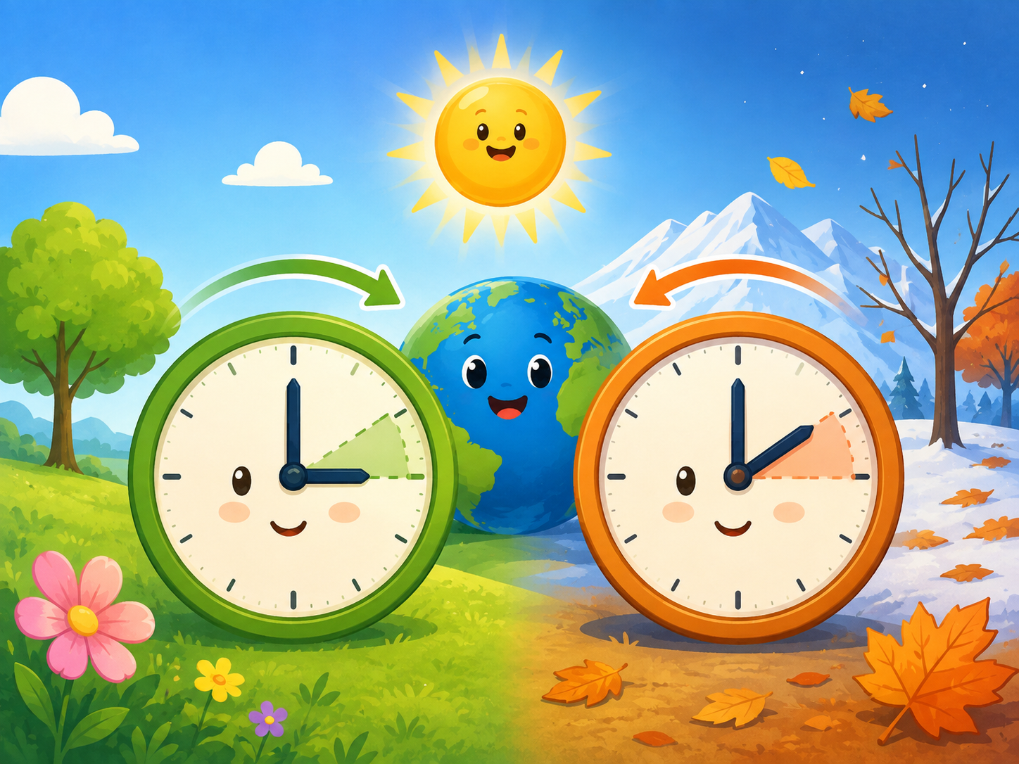 Due orologi in primavera e autunno mostrano l'ora spostata avanti e indietro.