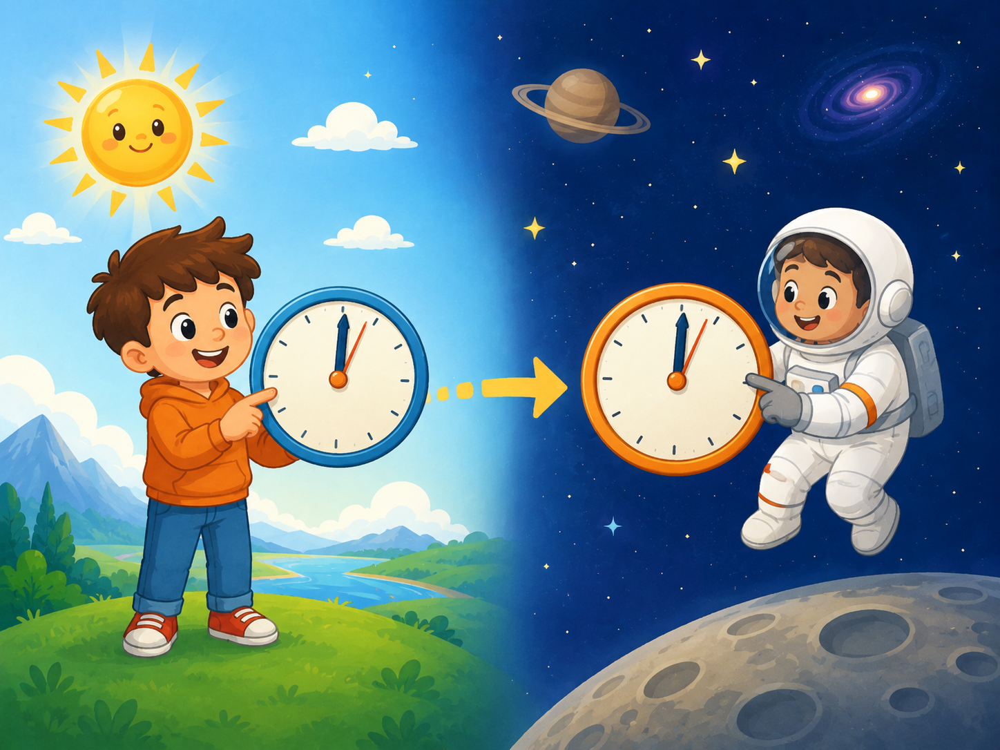 Bambino sulla Terra e astronauta nello spazio con orologi come spiegazione semplice della relatività.