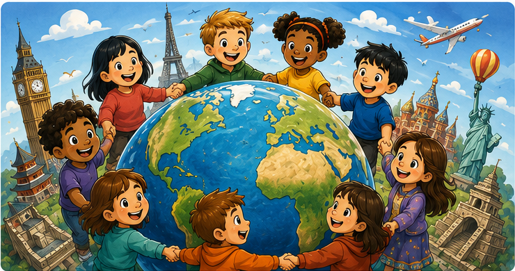 Bambini intorno a un globo rappresentano persone che vivono in tutto il mondo.