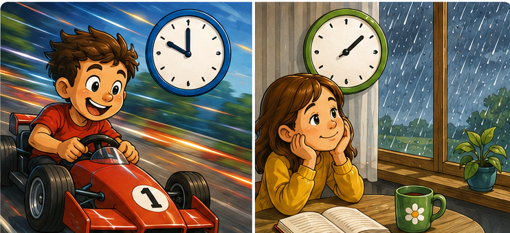 Bambino che si diverte e bambino che aspetta mostrano come il tempo possa sembrare veloce o lento.