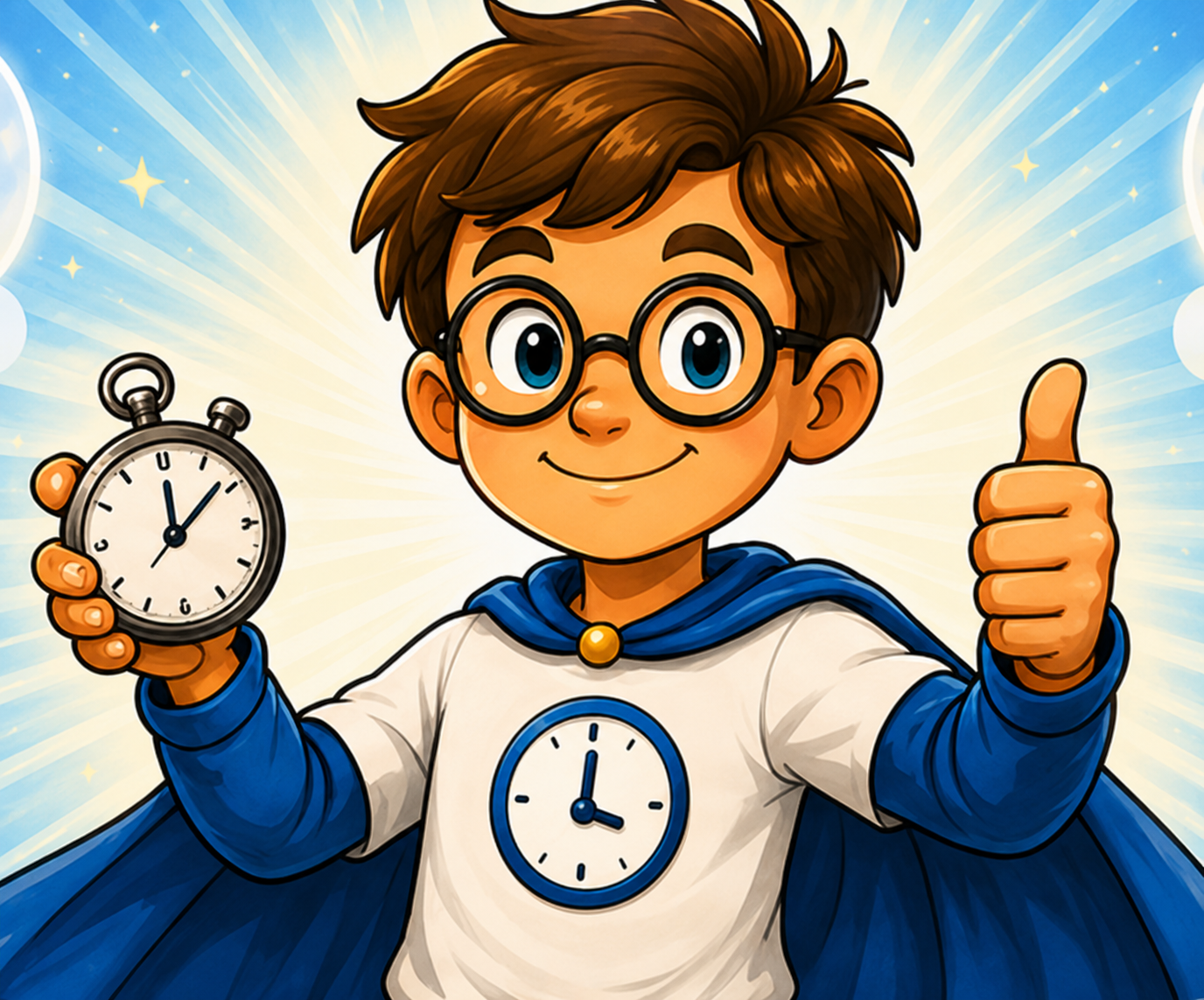 Personaggio Esperto del tempo con orologio e simboli di obiettivi e risultati.